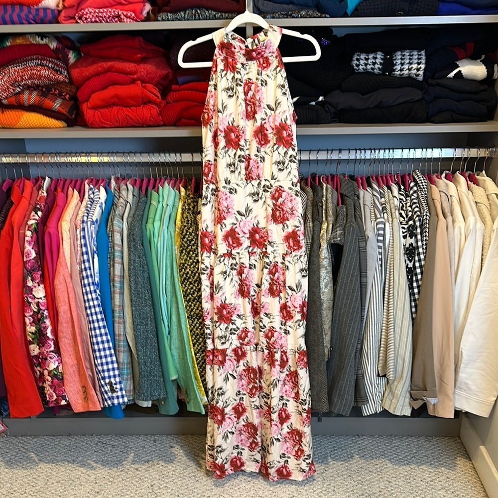 Unbranded ivory/pink/red floral sleeveless zipper closure lined maxi dress XS